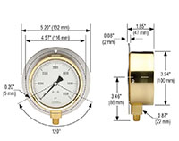 300 Series 4 in. Size Brass Case Liquid Filled Pressure Gauge with Rear Flange - 2